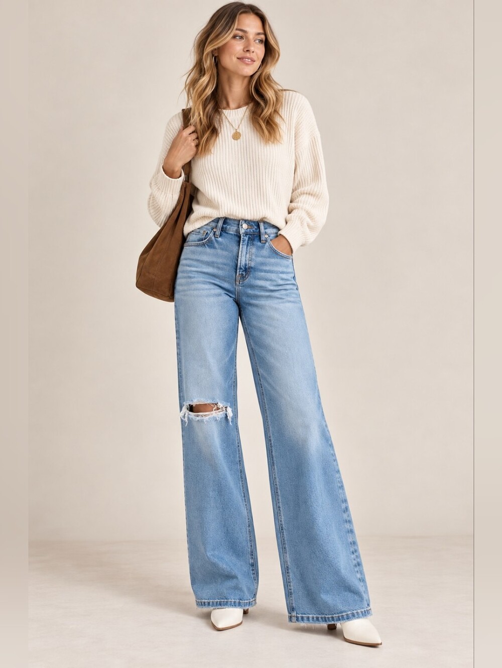 RISEN Women's Tummy Control Wide Leg Jeans Knee Distress Medium Wash HR 3/26 NEW